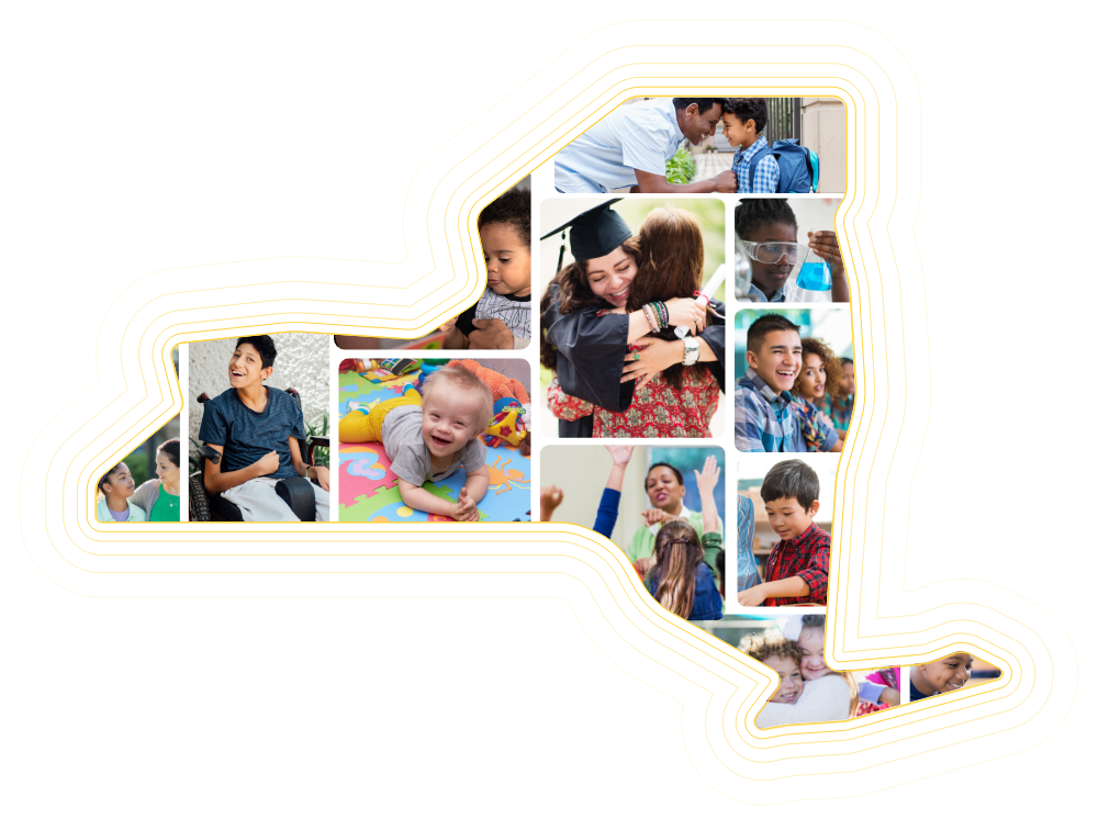 collage of students and educators cropped into the shape of new york state's outline